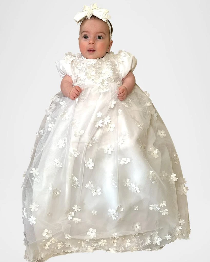 Zoe Girl's Lousie Scattered 3D Pearl Flower Christening Gown, Size 0-12M 4