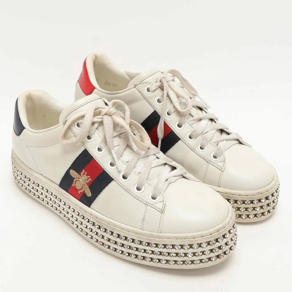 Gucci Gucci White Leather And Bee Web Detail New Ace Crystal Embellished Platform Sneakers Size 37 4