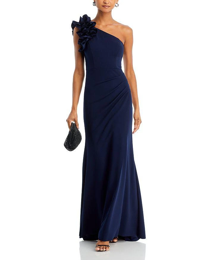 AQUA One Shoulder Ruffle Crepe Gown - Exclusive 3