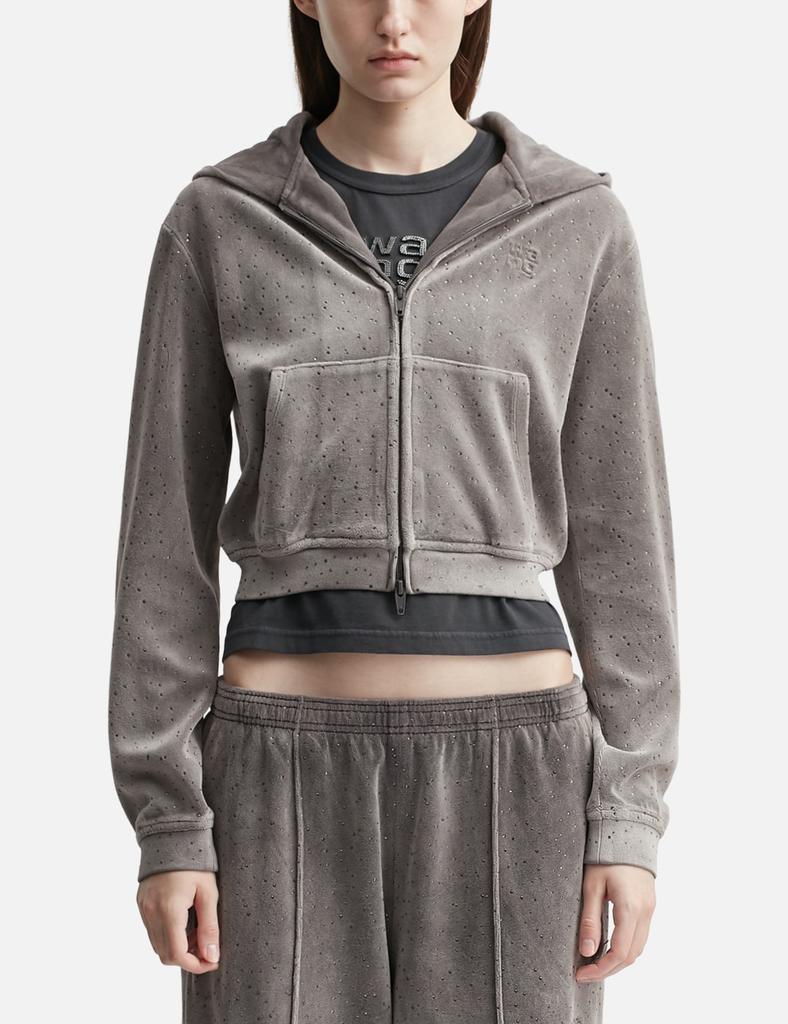 Alexander Wang Cropped Zip-Up Hoodie with Crystal Hotfix Drawcord