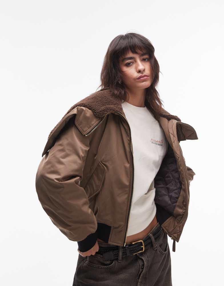 Mango Mango borg detail short puffer coat in khaki