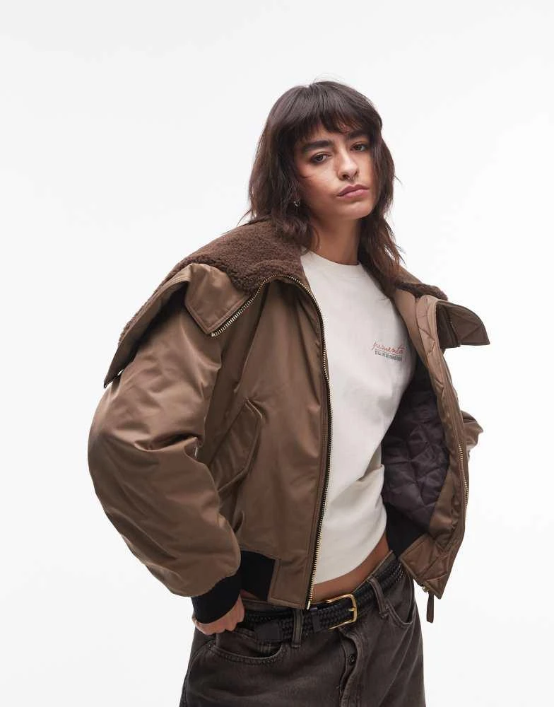 Mango Mango borg detail short puffer coat in khaki 1