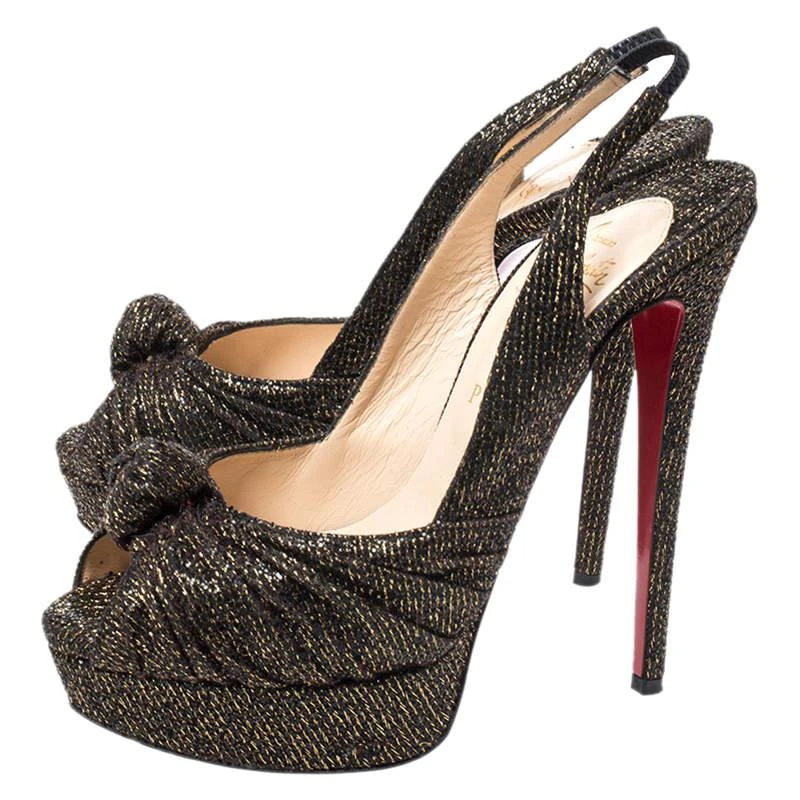 Christian Louboutin Christian Louboutin Black/Gold Glitter Fabric Jenny Knotted Slingback Pumps Size 39.5 4
