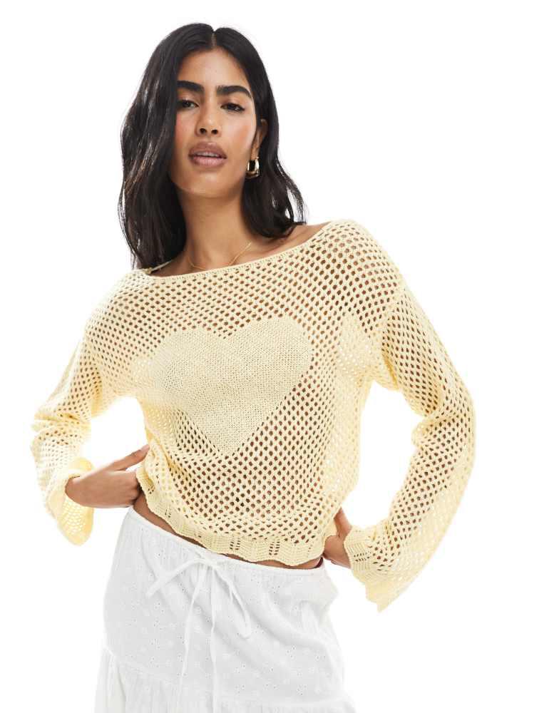 Miss Selfridge Miss Selfridge crochet heart tie back jumper in butter yellow
