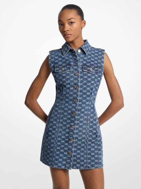 Michael Kors Logo Jacquard Stretch Denim Sleeveless Shirtdress 1