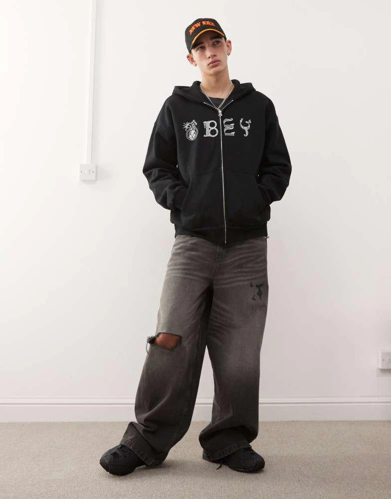 Obey Obey woofcut heavyweight zip hoodie in black 3