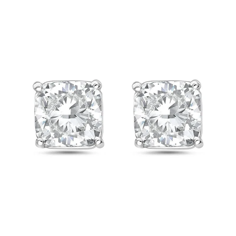 Diana M Jewels 14kt white gold lab grown cushion stud earrings weighing 8.27 cts tw set in a four prong setting