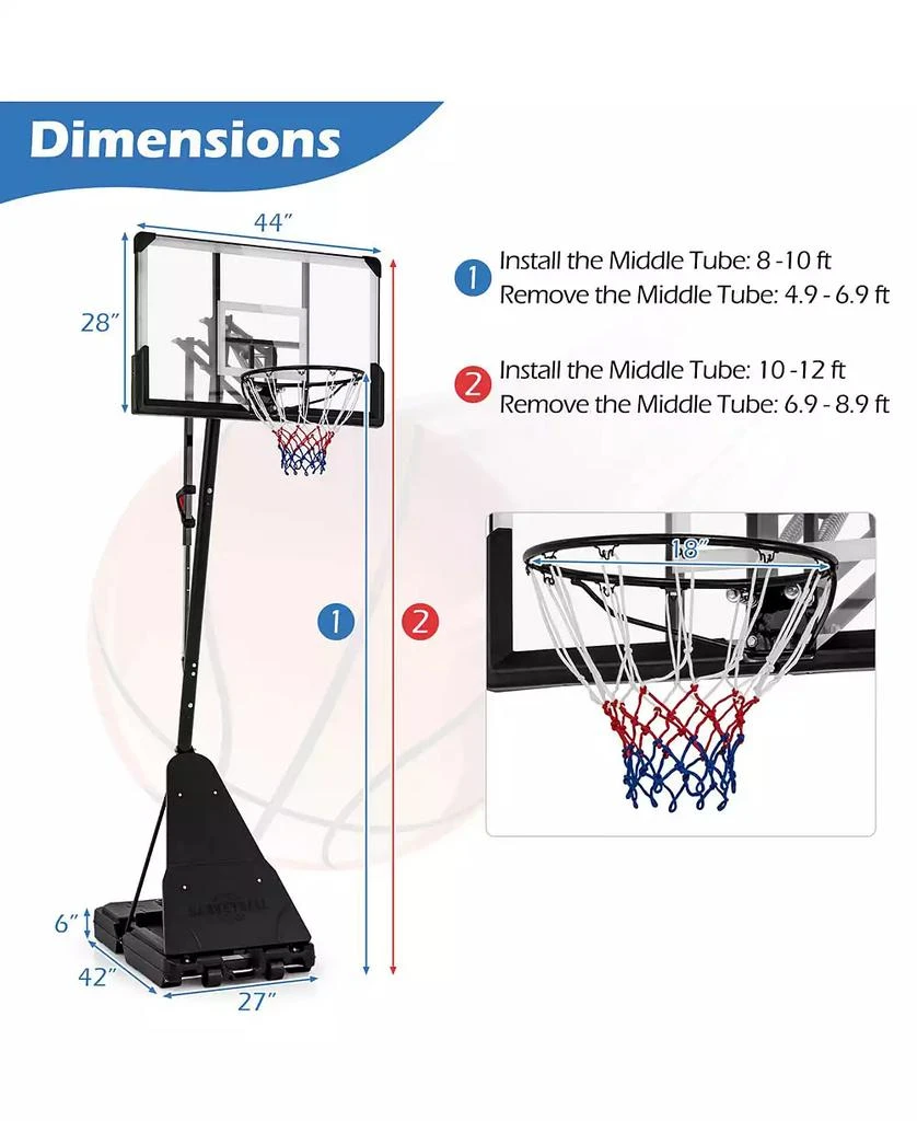 Costway 4.9-10 FT Basketball Hoop System with 44 Inch Shatterproof Backboard with Wheels 4