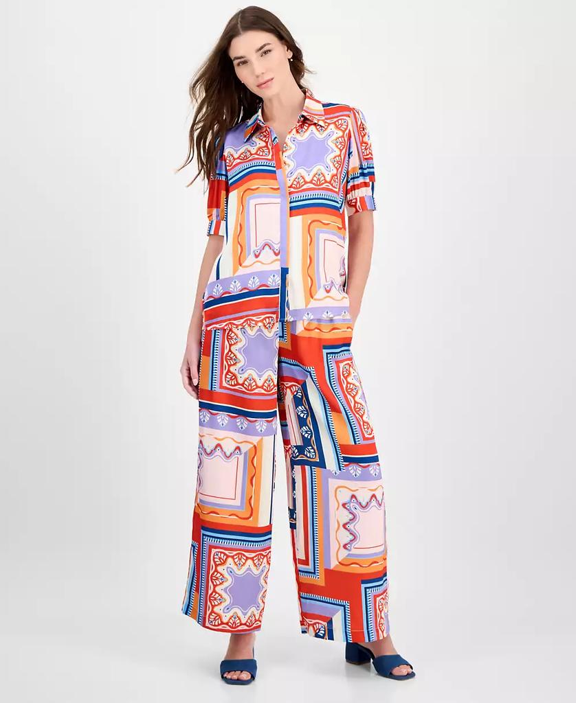 Tahari Women's Printed Short-Sleeve Button Blouse