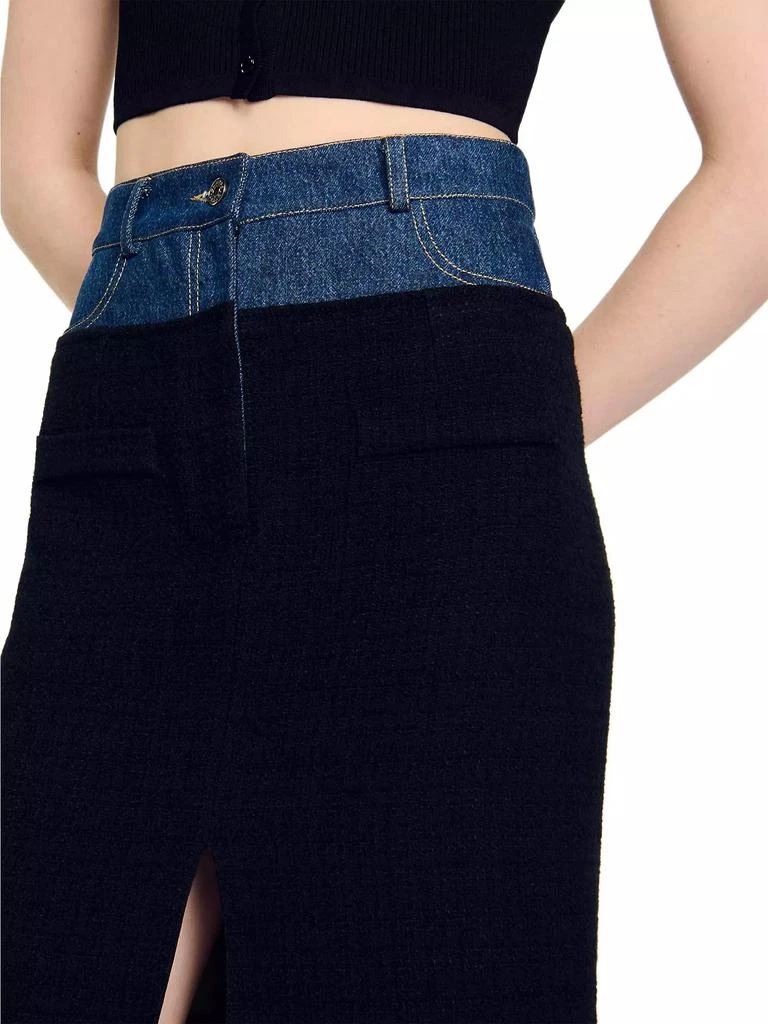Sandro Dual-Material Denim and Tweed Skirt 5