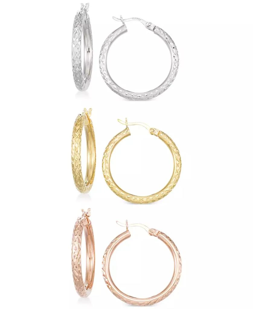 Macy
s Set of Three Textured Hoop Earrings in 14k Tri-Gold Vermeil and Sterling Silver