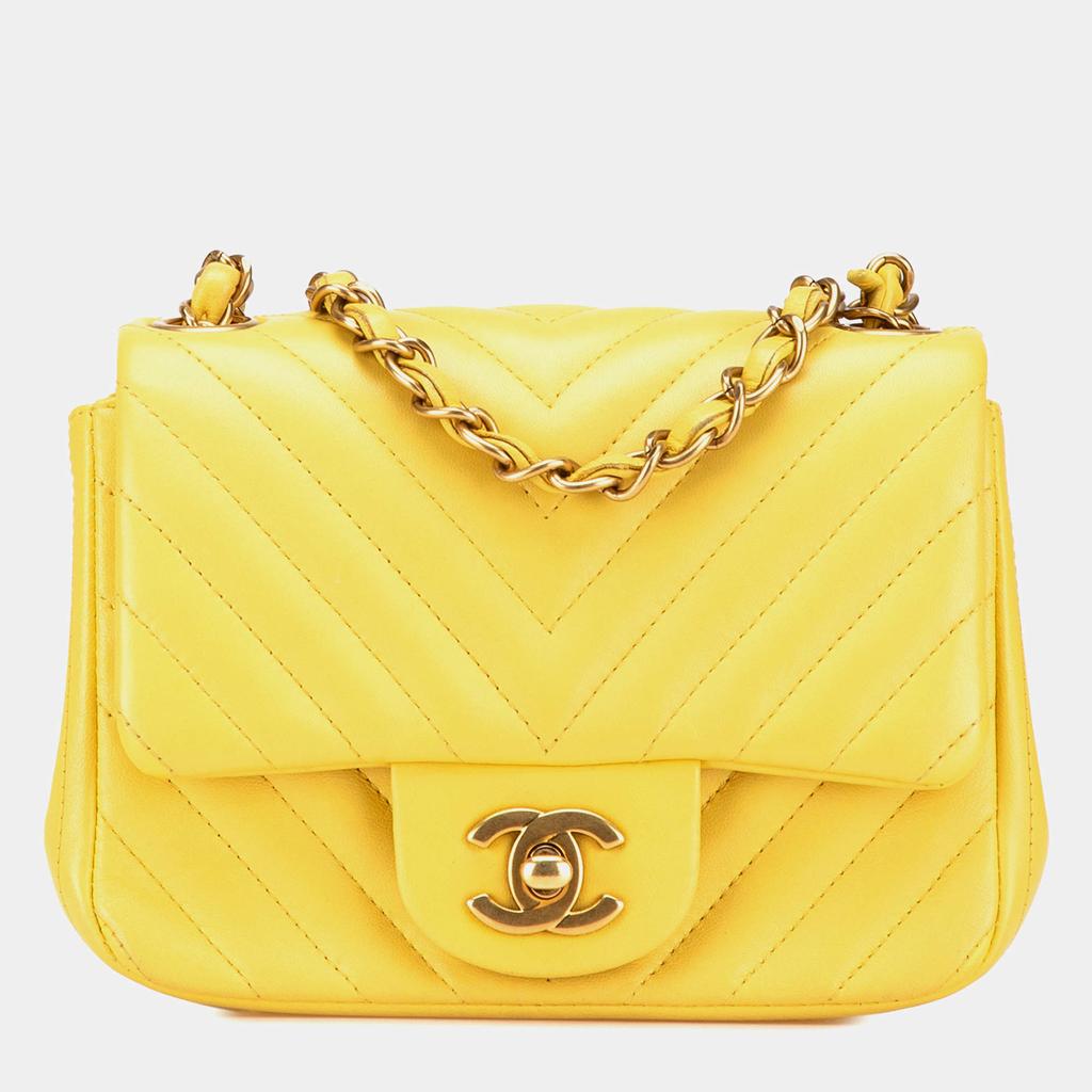 Chanel Chanel Yellow Mini Square Classic Chevron Lambskin Single Flap Bag