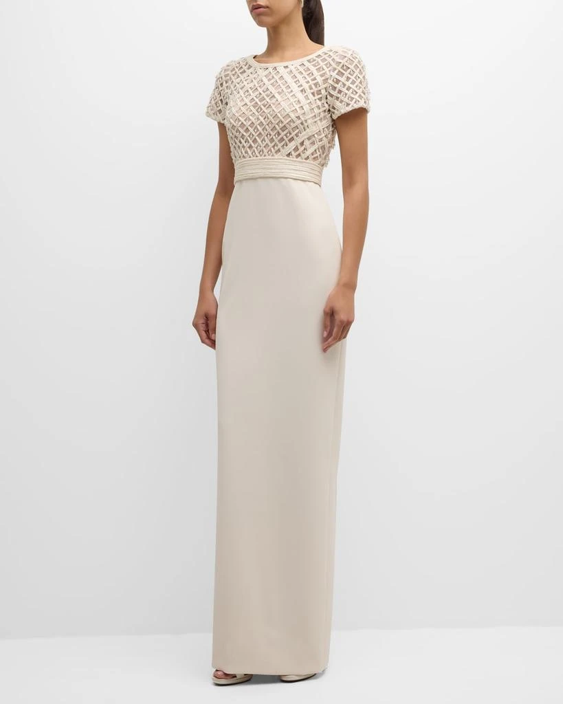 Pamella Roland Crepe Column Gown with Embroidered Satin Ribbon Bodice 2