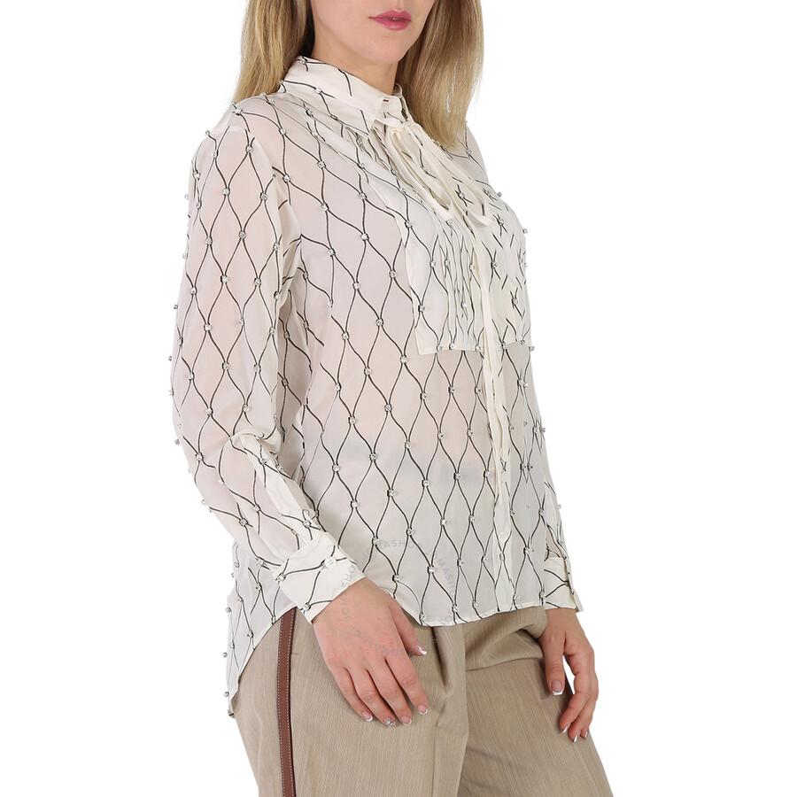 Burberry Net Print Crystal Detail Tie-neck Silk Shirt