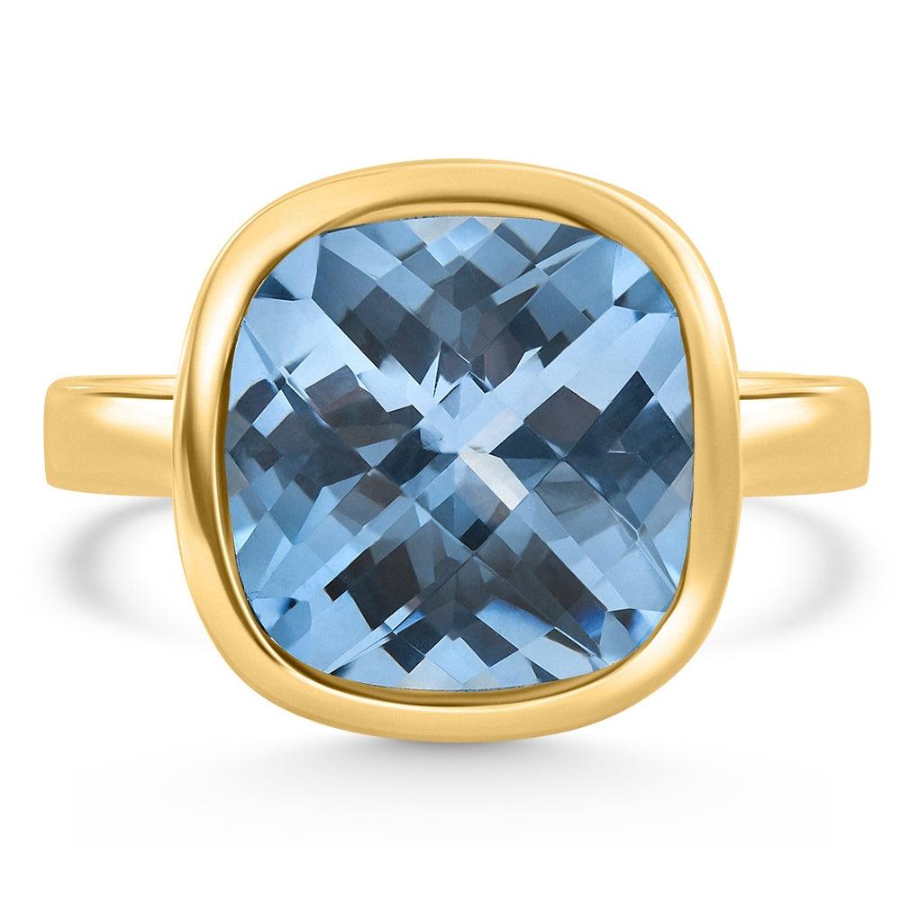 Pompeii3 Cushion Blue Topaz Alexa Bezel Ring 14k Yellow Gold