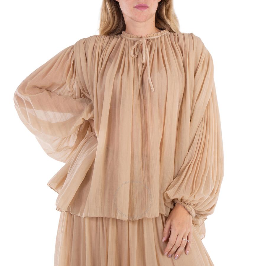 Chloé Ladies Barley Brown Semi-Sheer Pleated Blouse