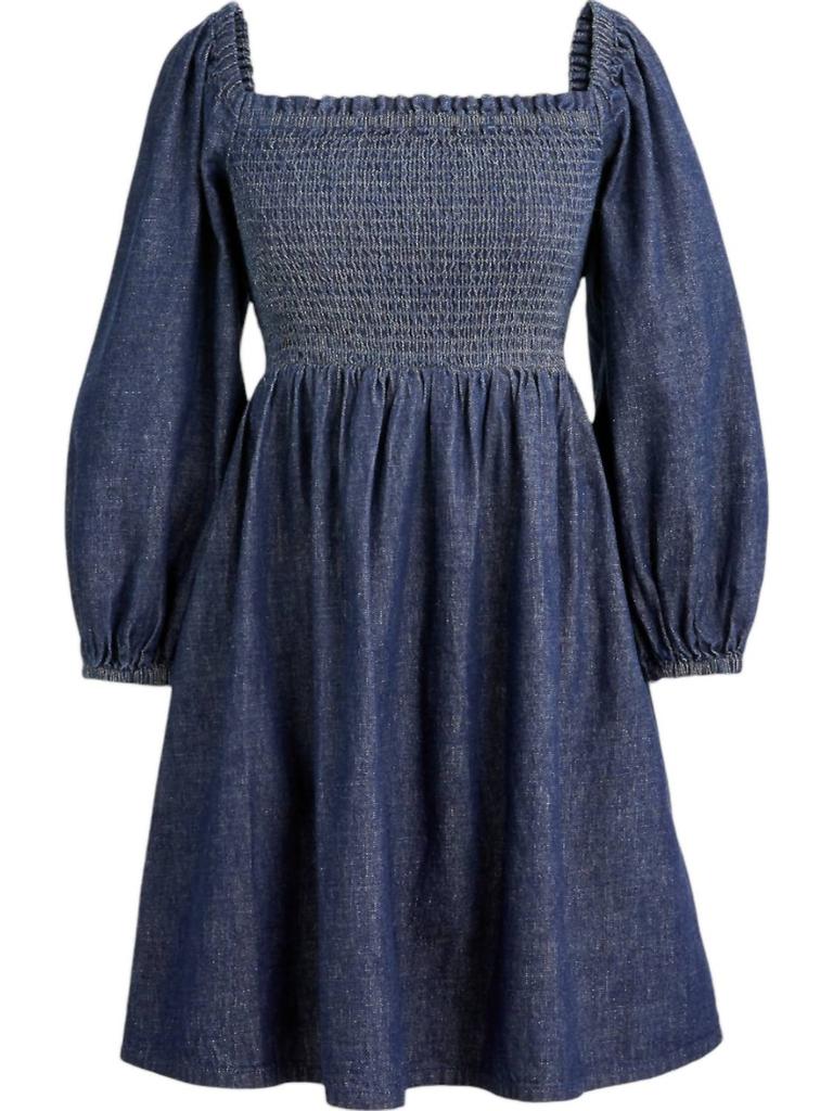 J. Crew Smocked Puff Sleeve Dress In Blue Chambray