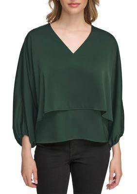 Calvin Klein Klein Womens V Neck Satin Back Crepe Popover Blouse 4