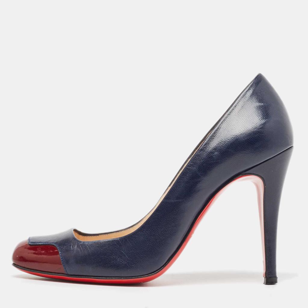 Shop Christian Louboutin Navy Blue/Burgundy Leather and Patent