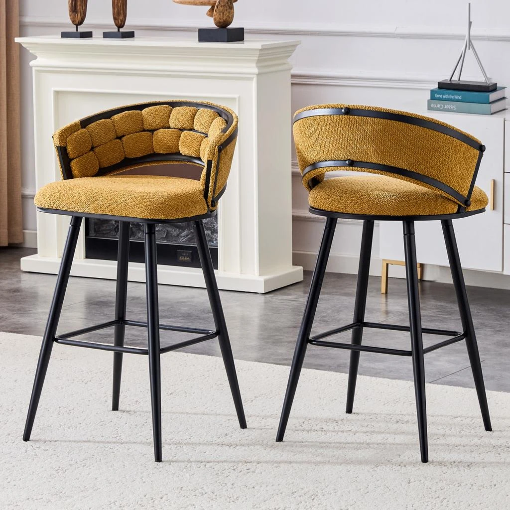 Streamdale Furniture Streamdale Set of 2 Yellow Velvet Bar Stools with Black Iron Legs 5