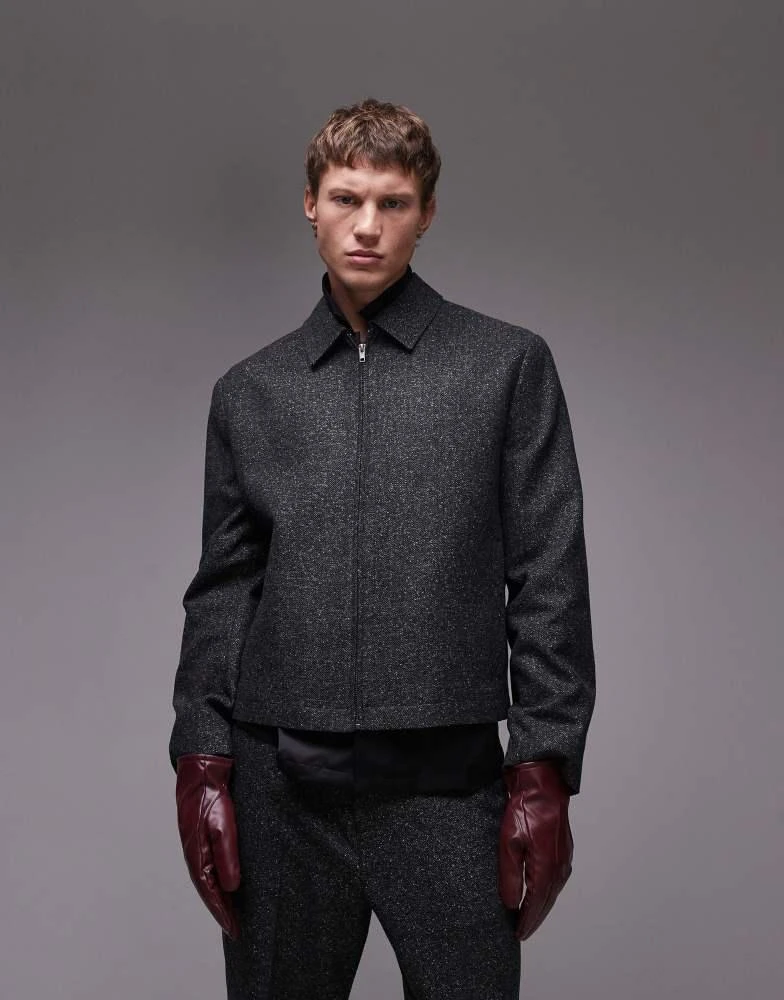 Topman Topman premium harrington wool mix salt and pepper suit jacket in black 3
