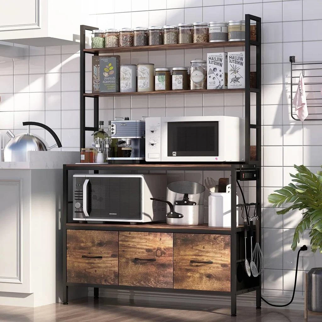Black Metal Kitchen Baker's Rack with Brown Wood Shelves and Storage ...