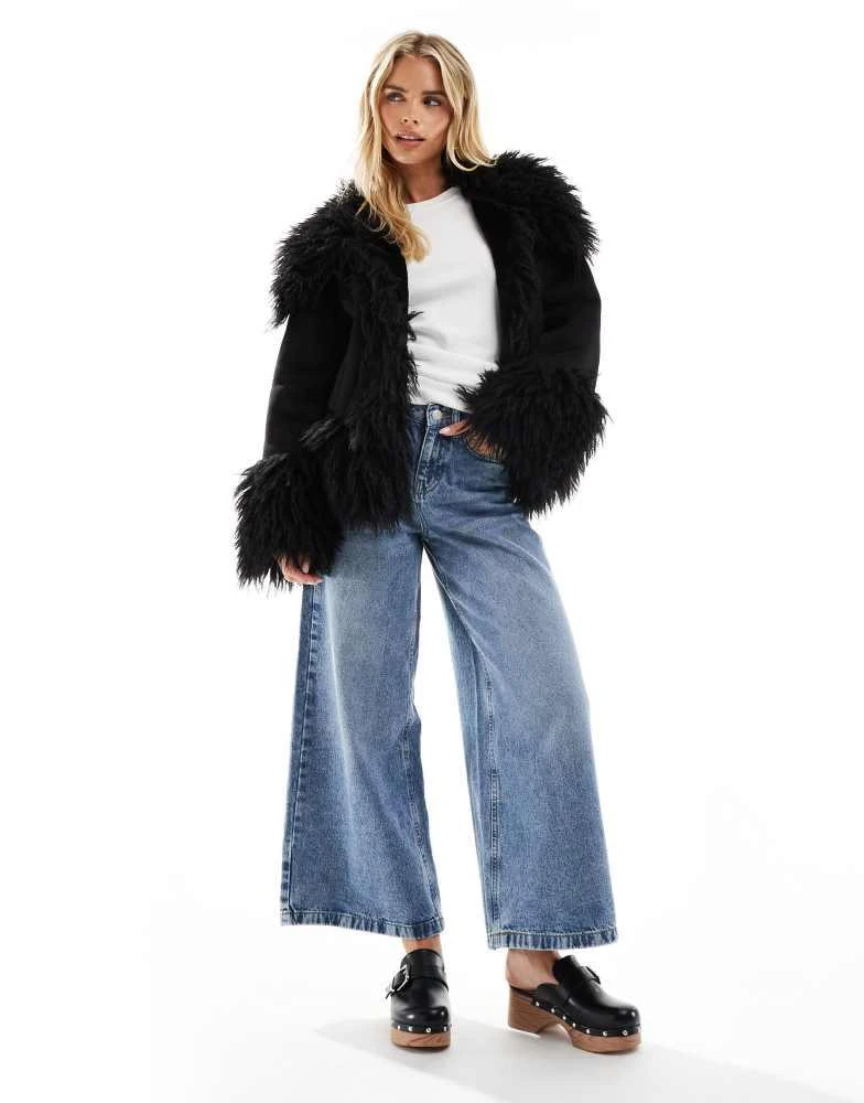 ASOS ASOS DESIGN Petite penny lane faux fur trim coat in black 3