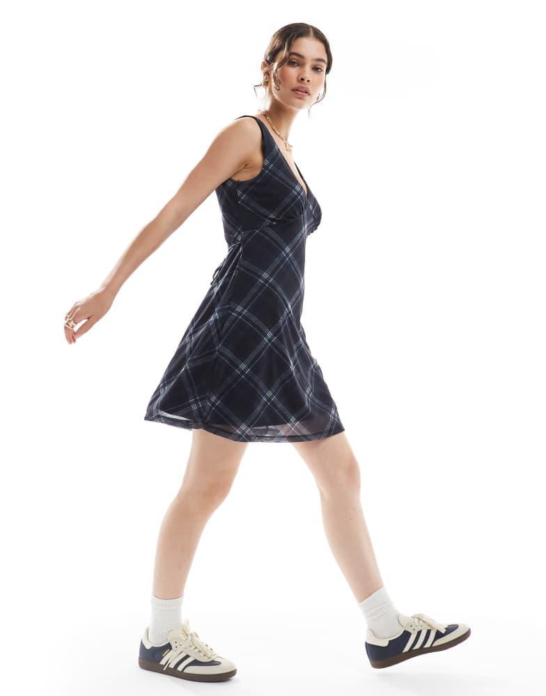 New Look New Look check v neck mesh mini dress in blue