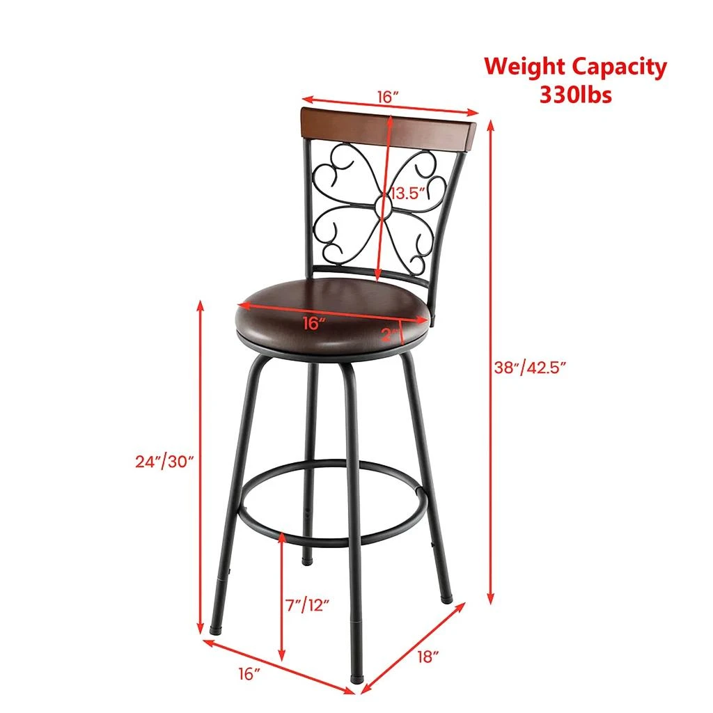 Hivvago Set of 2 Adjustable Height PU Leather Swivel Bar Stools with Cushioned Seats 3