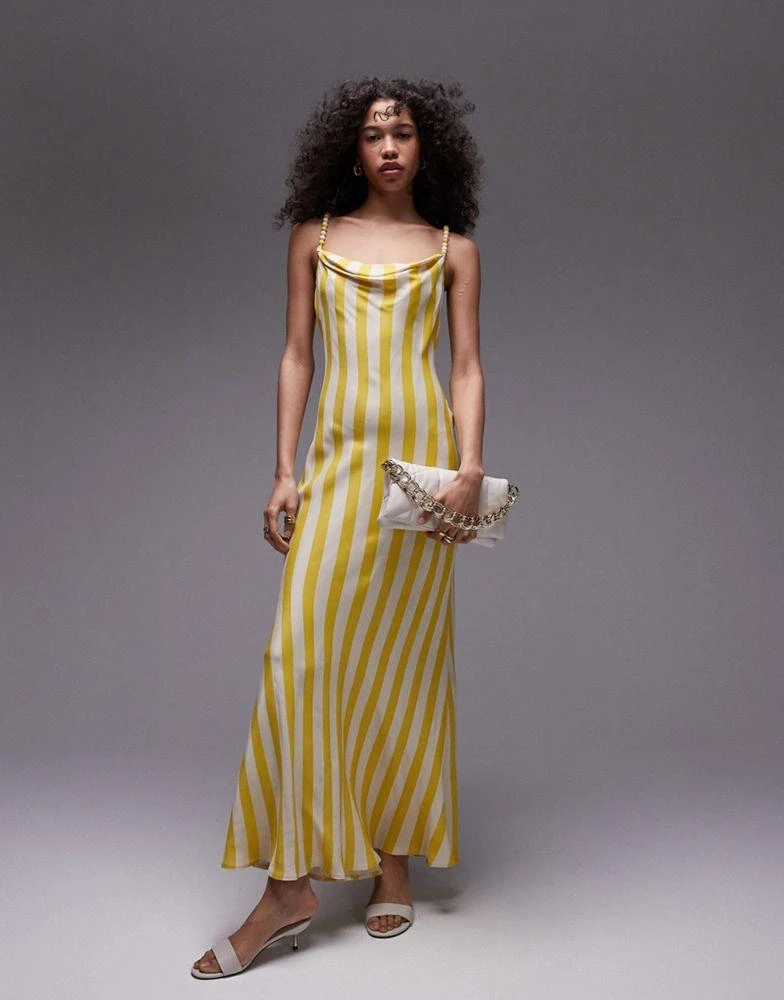 Topshop Topshop premium cami slip midi dress with beaded strap in yellow stripe print 2