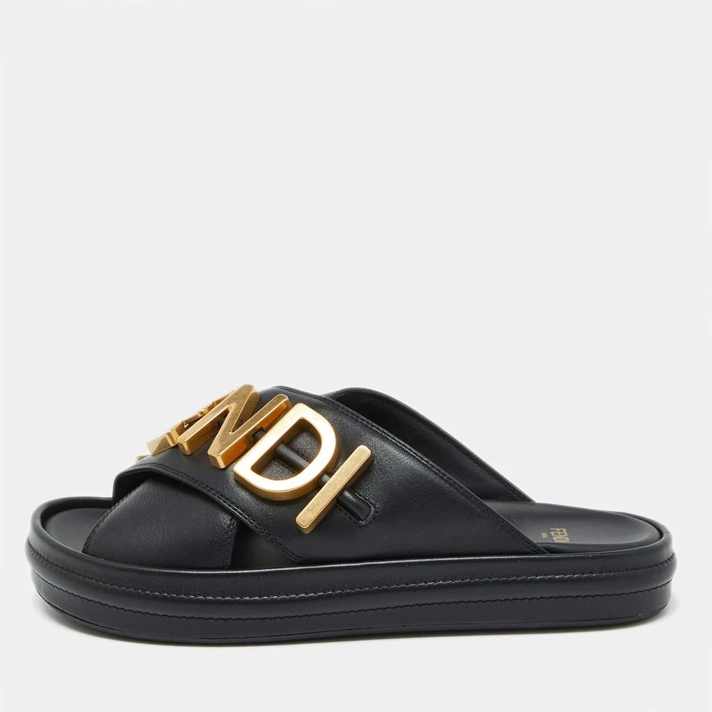 Fendi Fendi Black Leather Fendigraphy Flat Slide Sandals Size 37 1