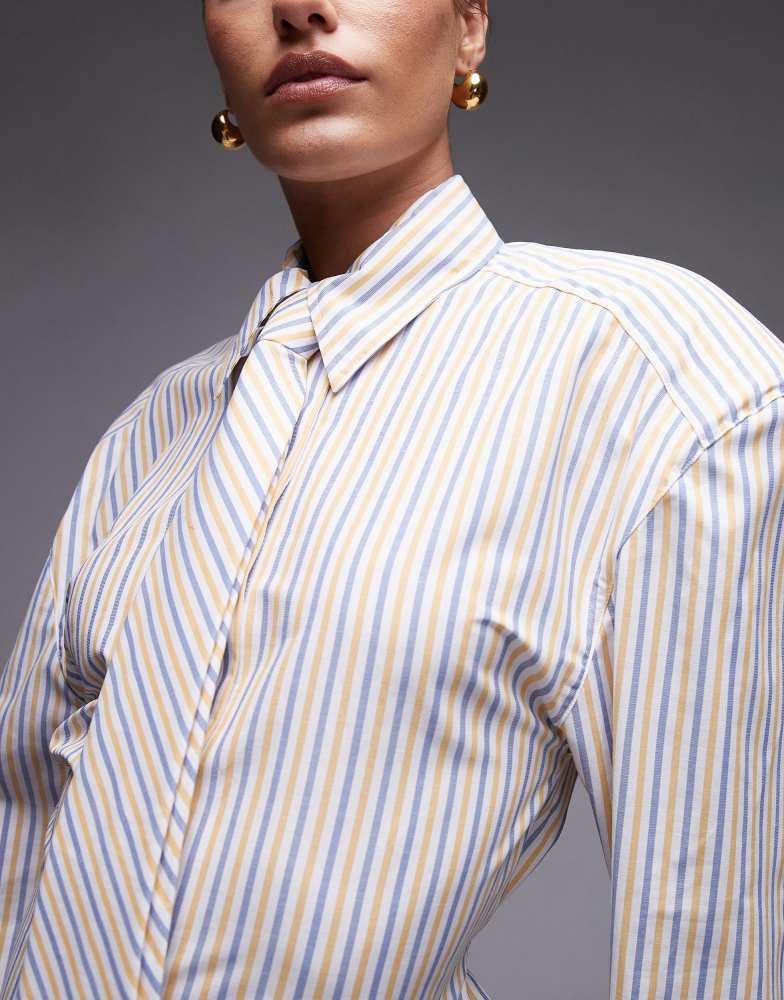 ASOS ASOS DESIGN cinch waist shirt with shoulder pads and tie in yellow stripe