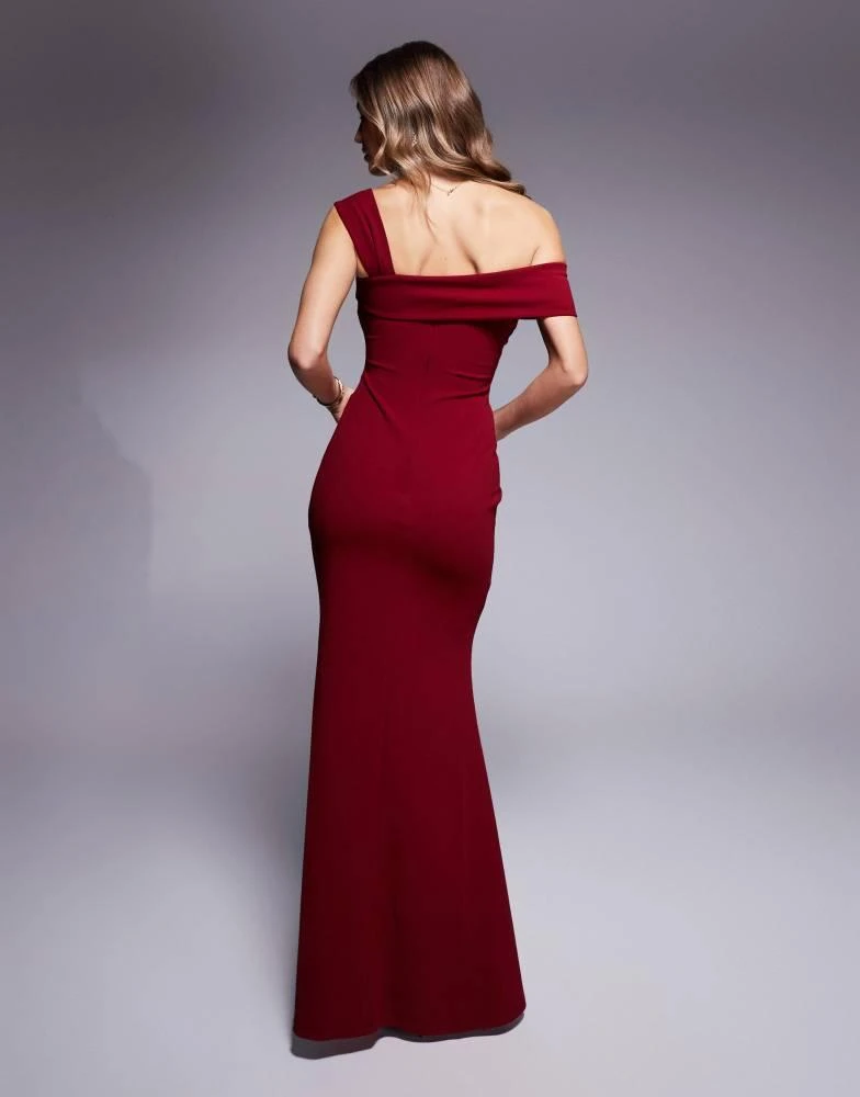 Goddiva Goddiva Off the shoulder pleated waist maxi dress in wine 4