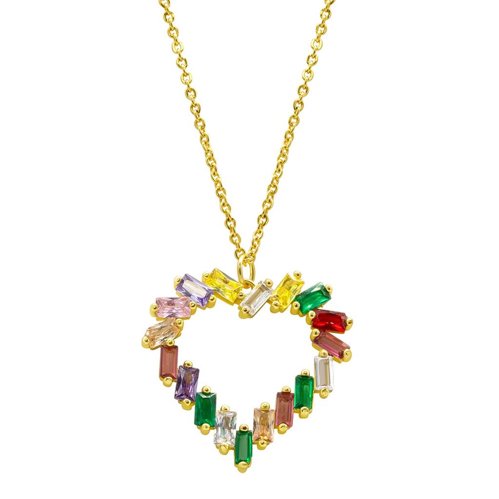 ADORNIA Tarnish Resistant 14K Gold Plated Crystal Rainbow Baguette Heart Pendant Necklace