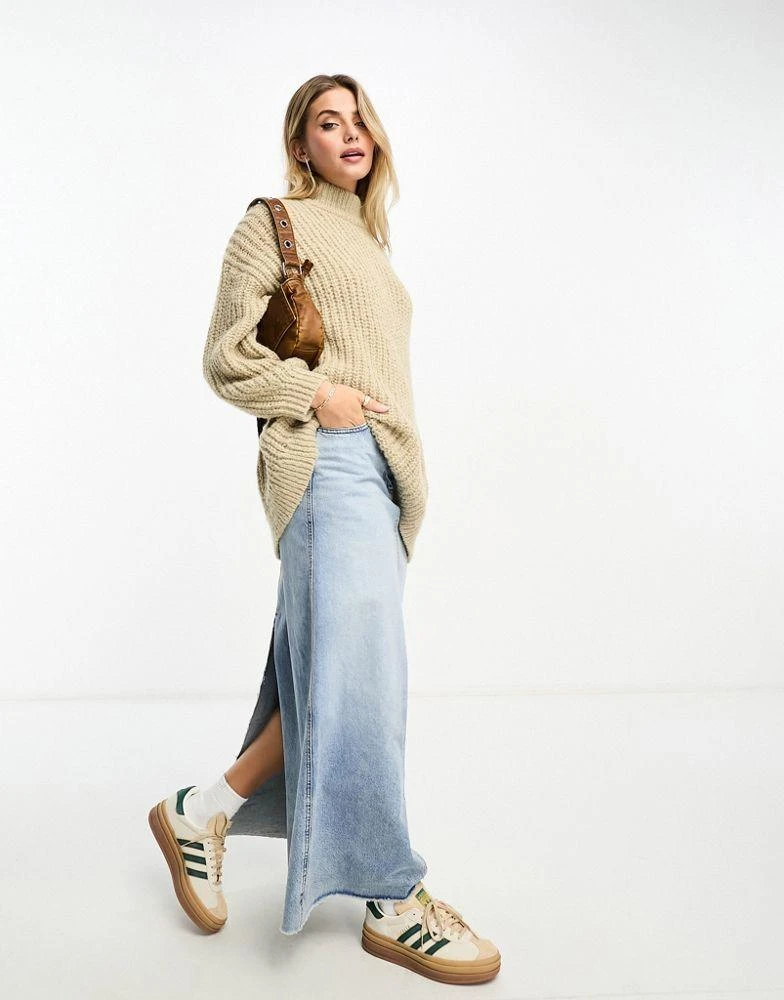 Monki Monki high neck chunky rib knitted jumper with volume sleeve in beige 4