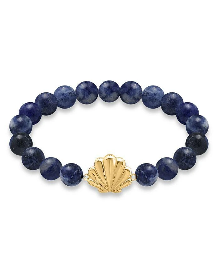 AQUA Clam Shell Charm Gemstone Beaded Stretch Bracelet in 18K Gold Plated Sterling Silver - Exclusive