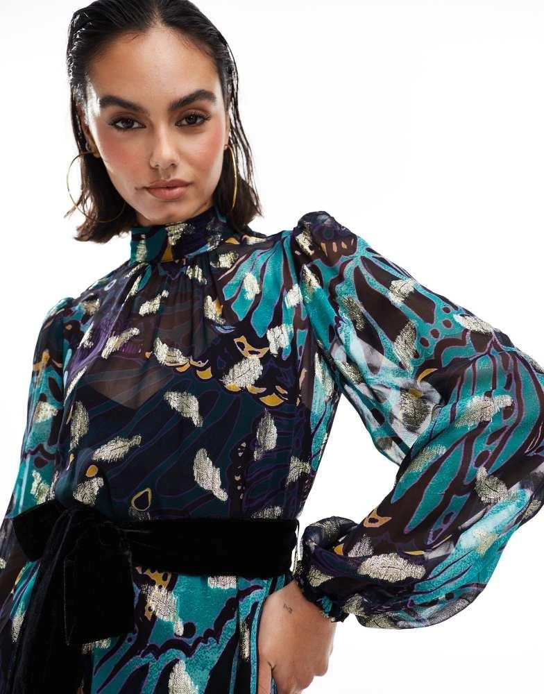 Hope & Ivy Hope & Ivy premium printed maxi dress with velvet belt and gold fleck in teal 2