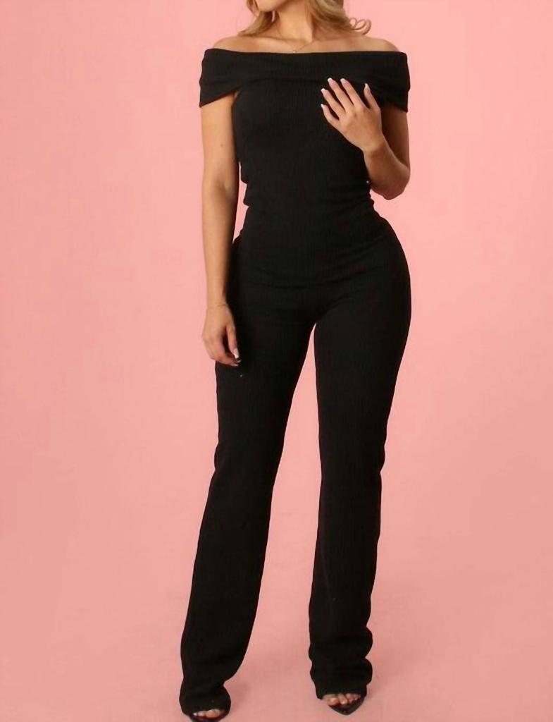 Yellow Cabbage Ribbed Off Shoulder Jumpsuit In Black