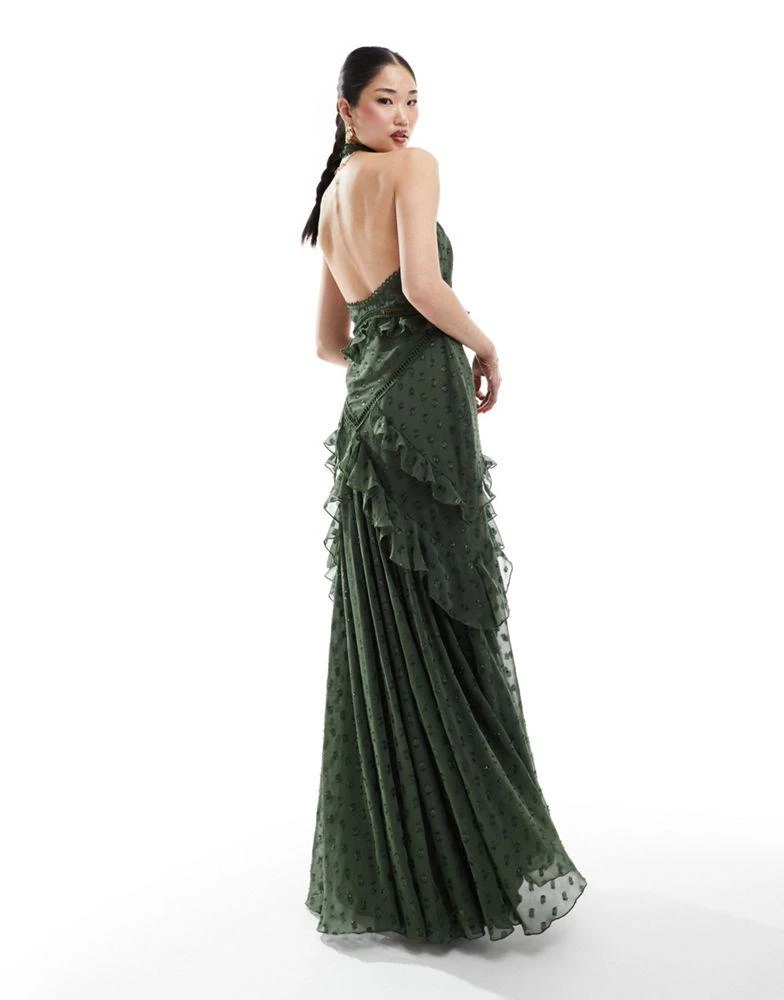 ASOS ASOS DESIGN lace insert halter tiered maxi dress in metallic dobby with circle trim in dark green - Dresses & Skirts - Free Shipping - BeyondStyle ASOS ASOS DESIGN lace insert halter tiered maxi dress in metallic dobby with circle trim in dark green - Dresses & Skirts - Free Shipping - BeyondStyle