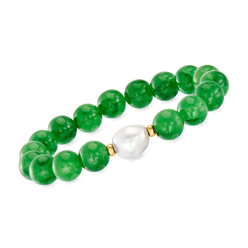 Ross-Simons 10mm Jade Bead and 12-13mm Cultured Pearl Stretch Bracelet With 14kt Yellow Gold