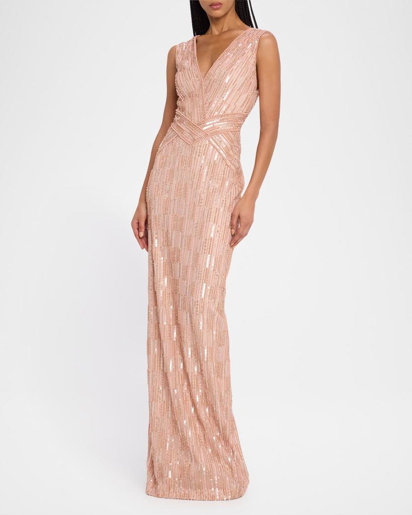 Pamella Roland Column Bead Sequined Tulle Gown