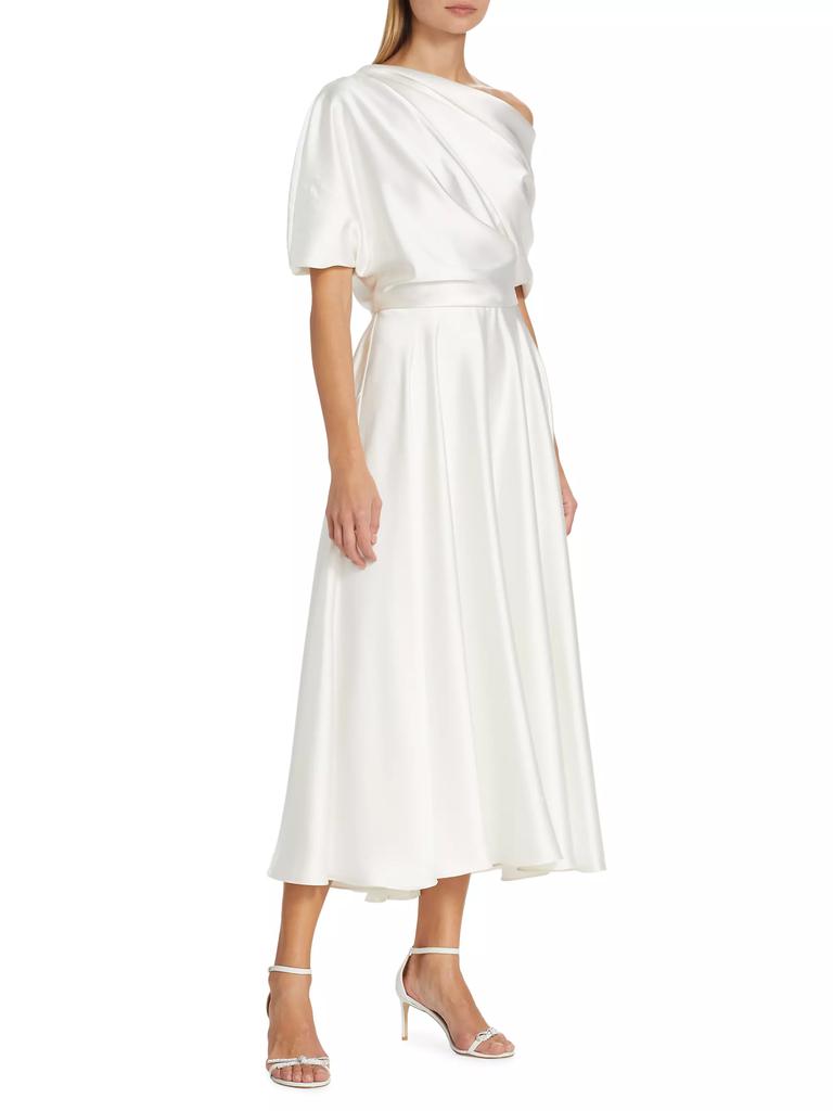 Amsale Draped Off-The-Shoulder Satin Midi-Dress