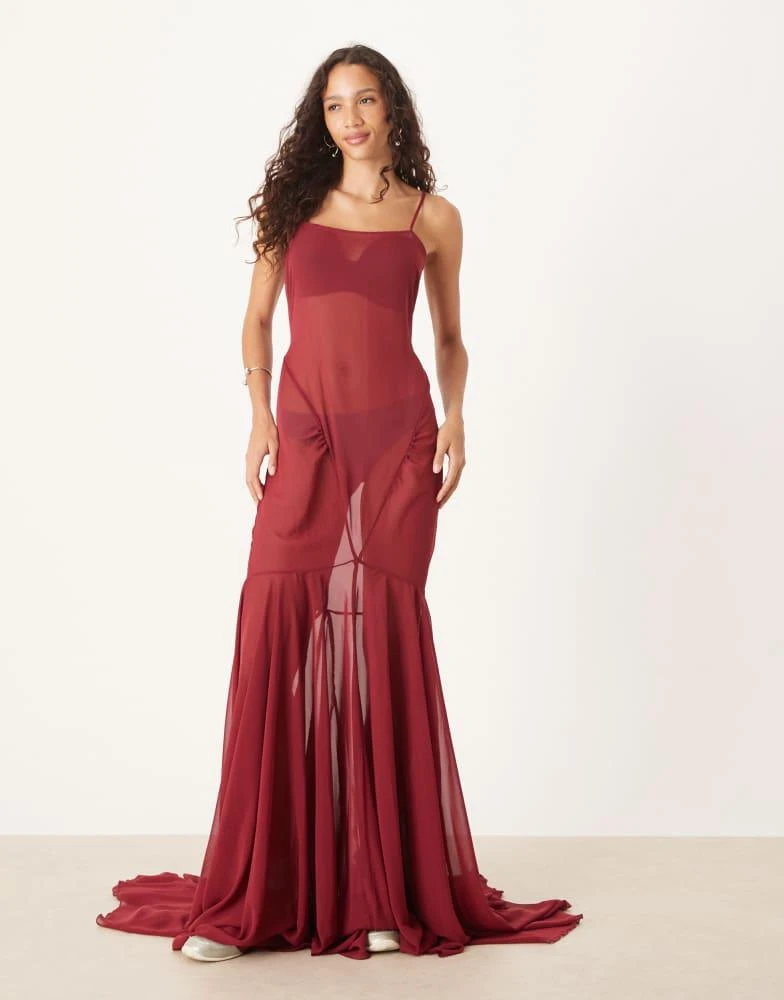 ASOS Design chiffon cut about seam detail maxi slip dress in burgundy-Red