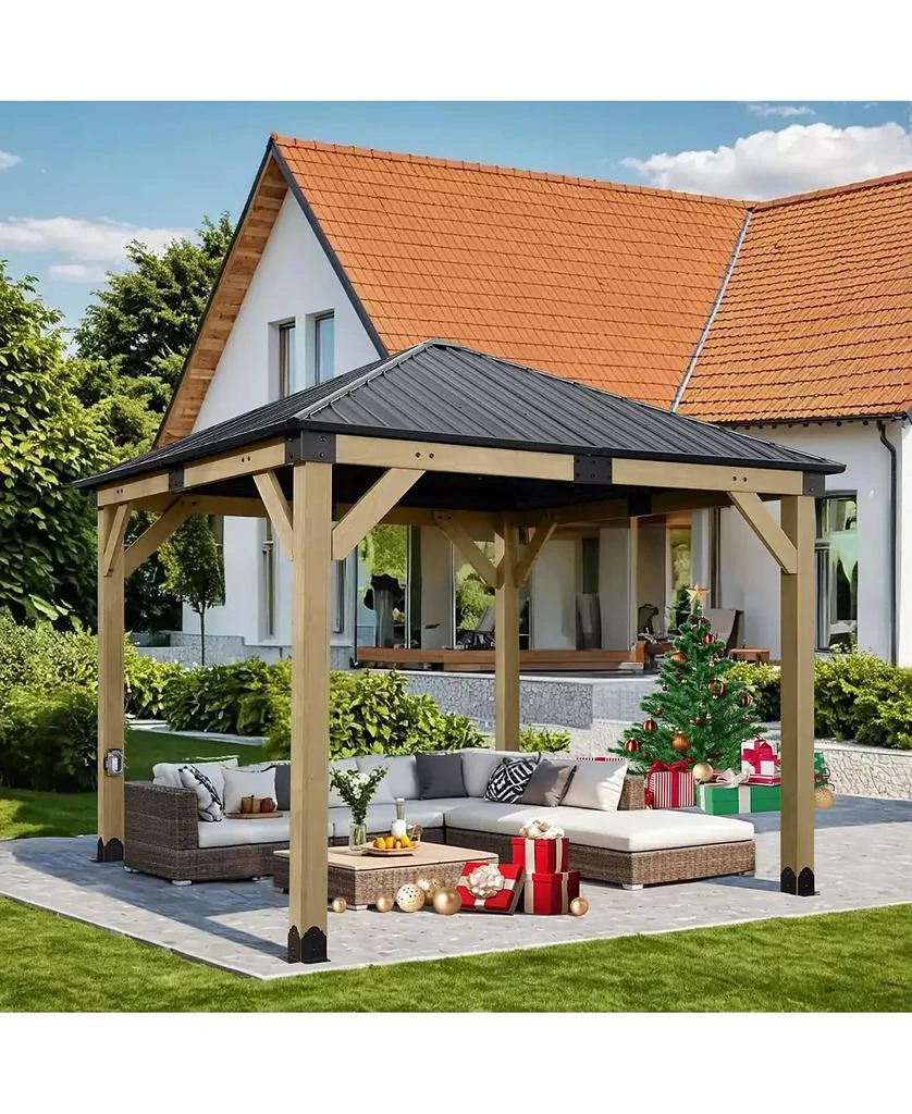 Aoodor 10 x 10 ft Wooden Frame Gazebo with Galvanized Metal Hardtop Roof, Outdoor Patio Gazebo with Charging Socket 2