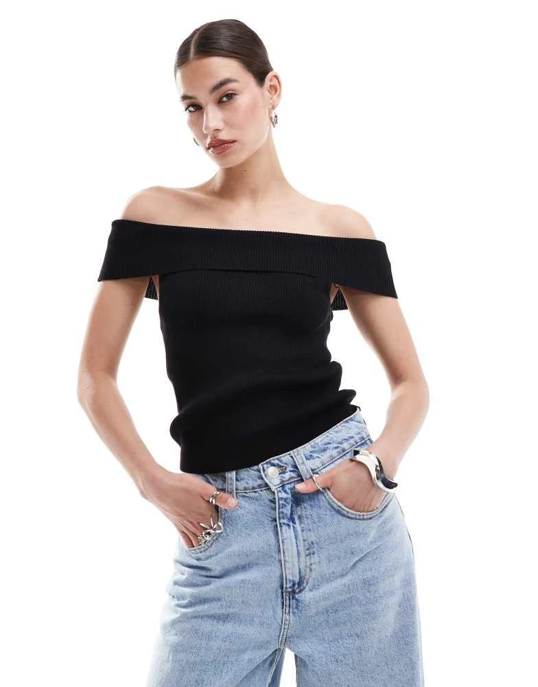 Monki Monki rib knit off shoulder foldover top in black 1