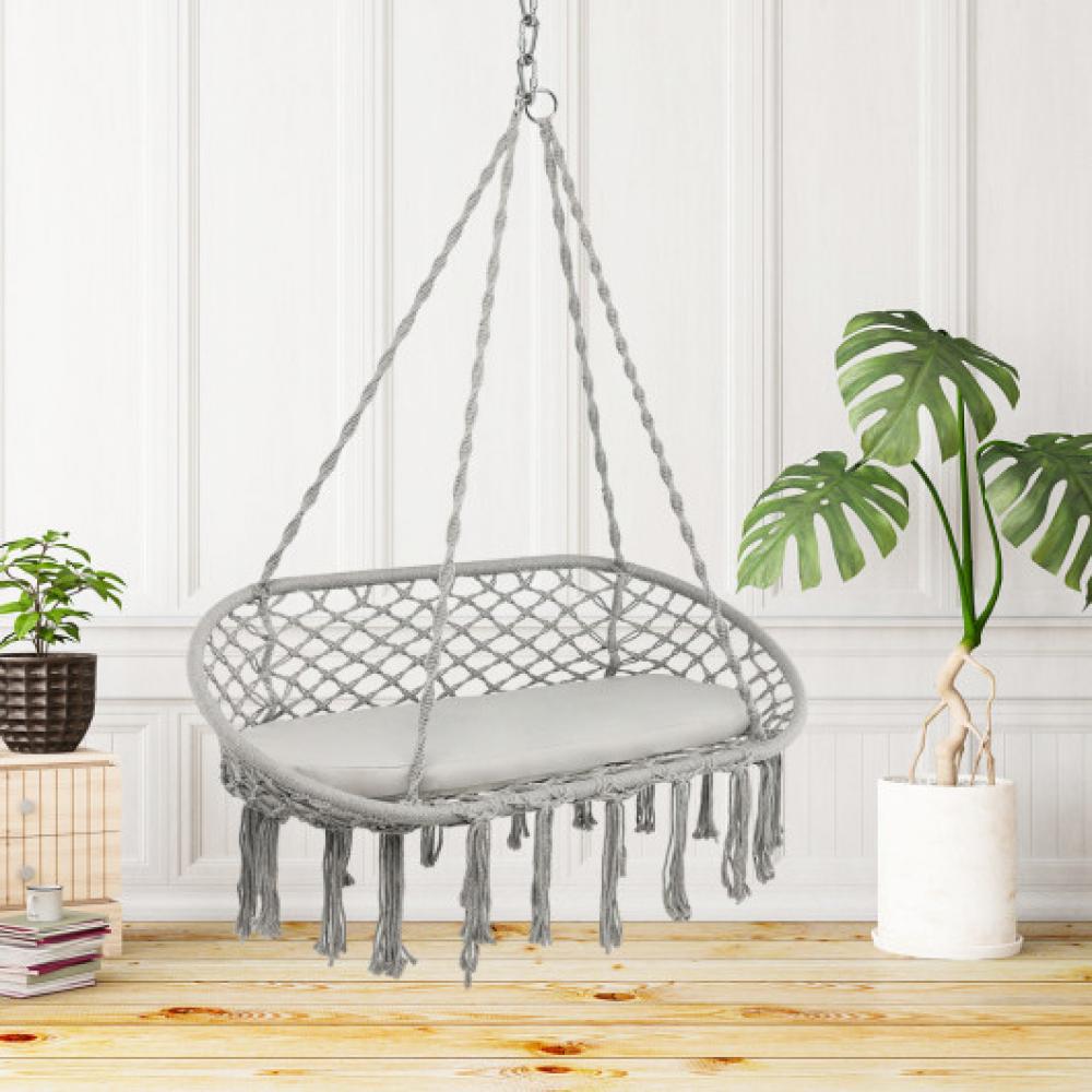 Hivvago 2 Person Hanging Hammock Chair with Cushion Macrame Swing-Gray