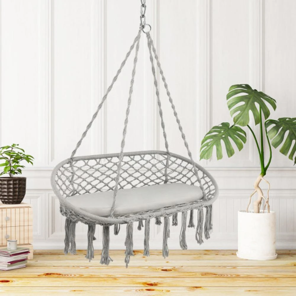 Hivvago 2 Person Hanging Hammock Chair with Cushion Macrame Swing-Gray 2