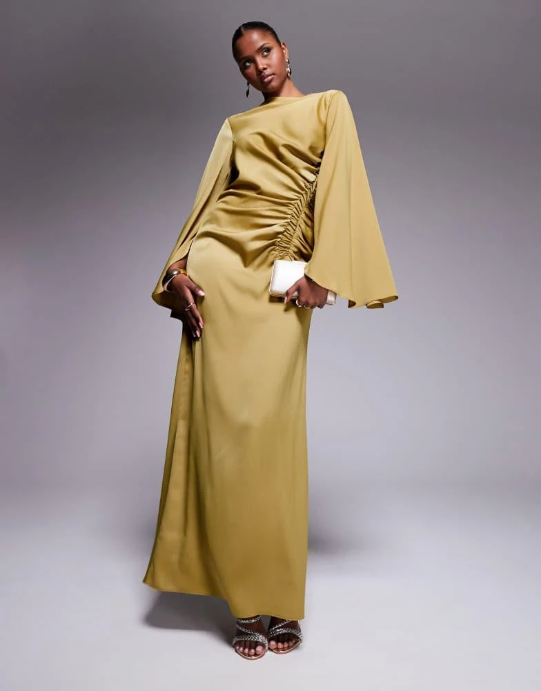 ASOS ASOS DESIGN exaggerated sleeve bias maxi dress with ruched waist in gold 1