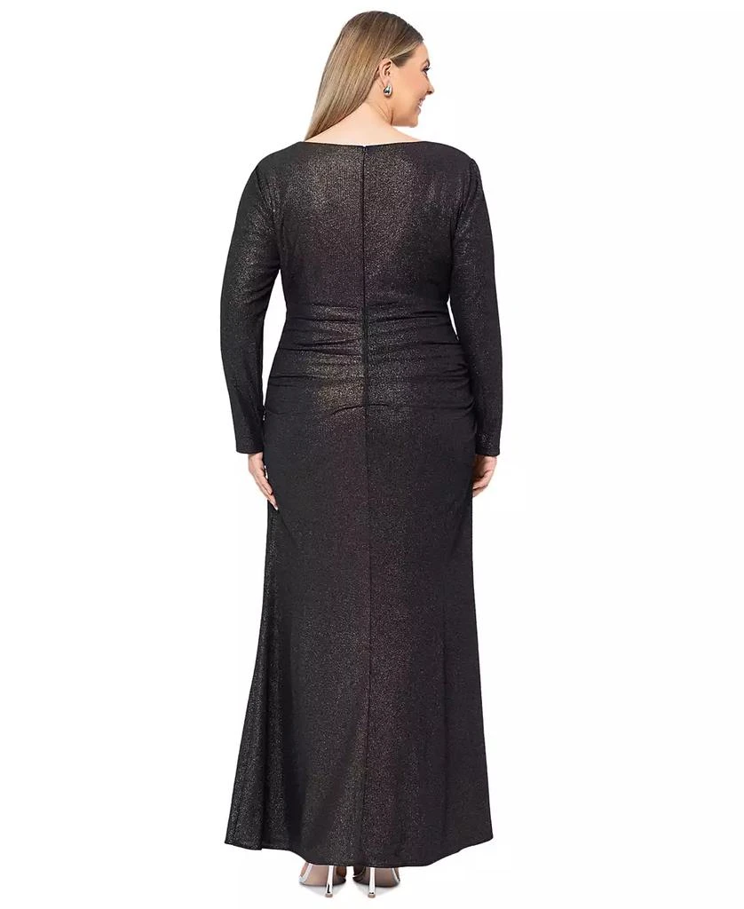 XSCAPE Plus Size Ruched Foil-Knit Long-Sleeve Gown 2
