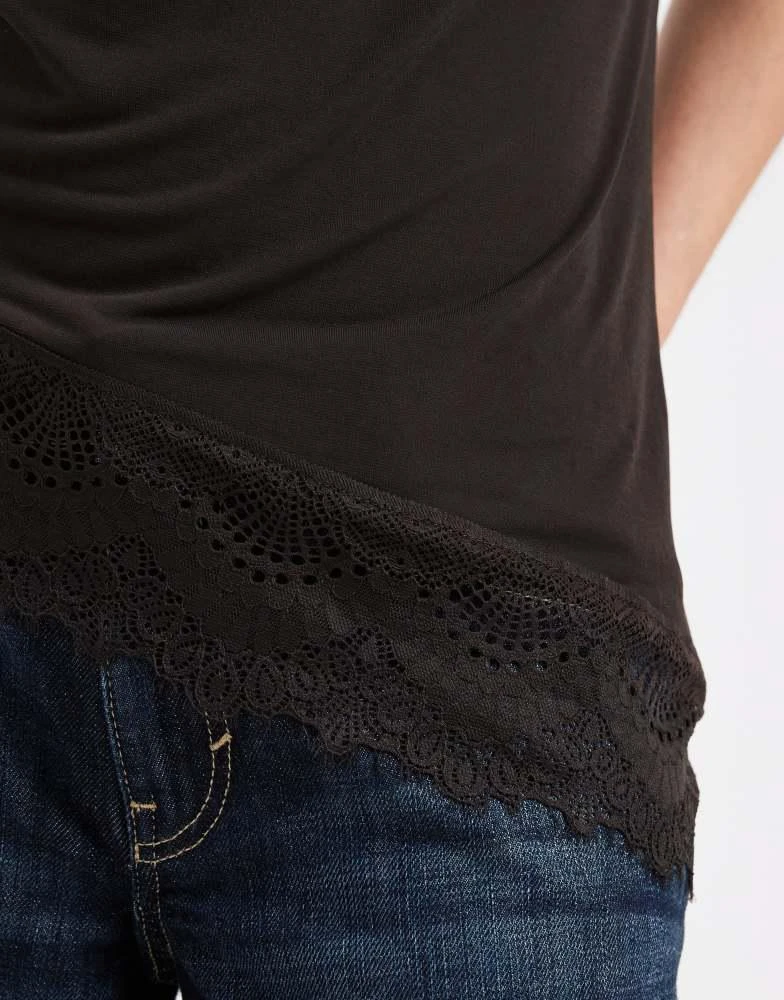 ASOS ASOS DESIGN short sleeve with high neck with lace trim top in brown 3